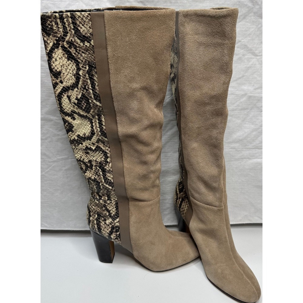 MRTk Women's Knee High Boots Snake Print Suede Block Heel Tan Black Size 6.5